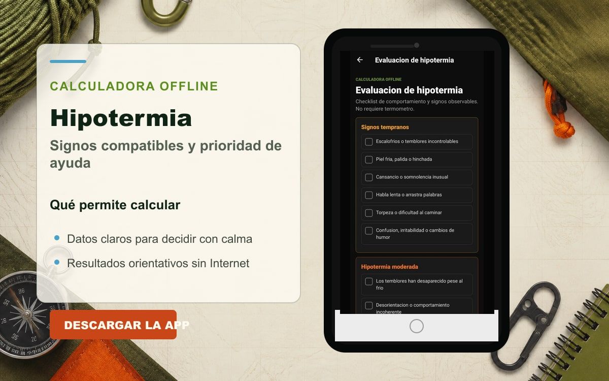 Portada con la calculadora real de hipotermia de Modo Crisis Survival