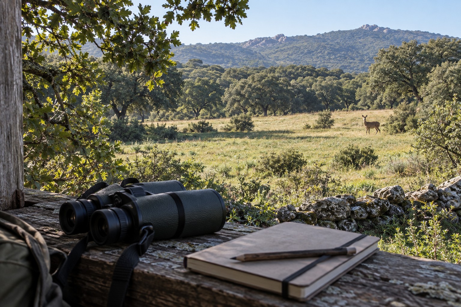 Prismáticos y cuaderno ante un paisaje con fauna distante. Portada generada con IA.