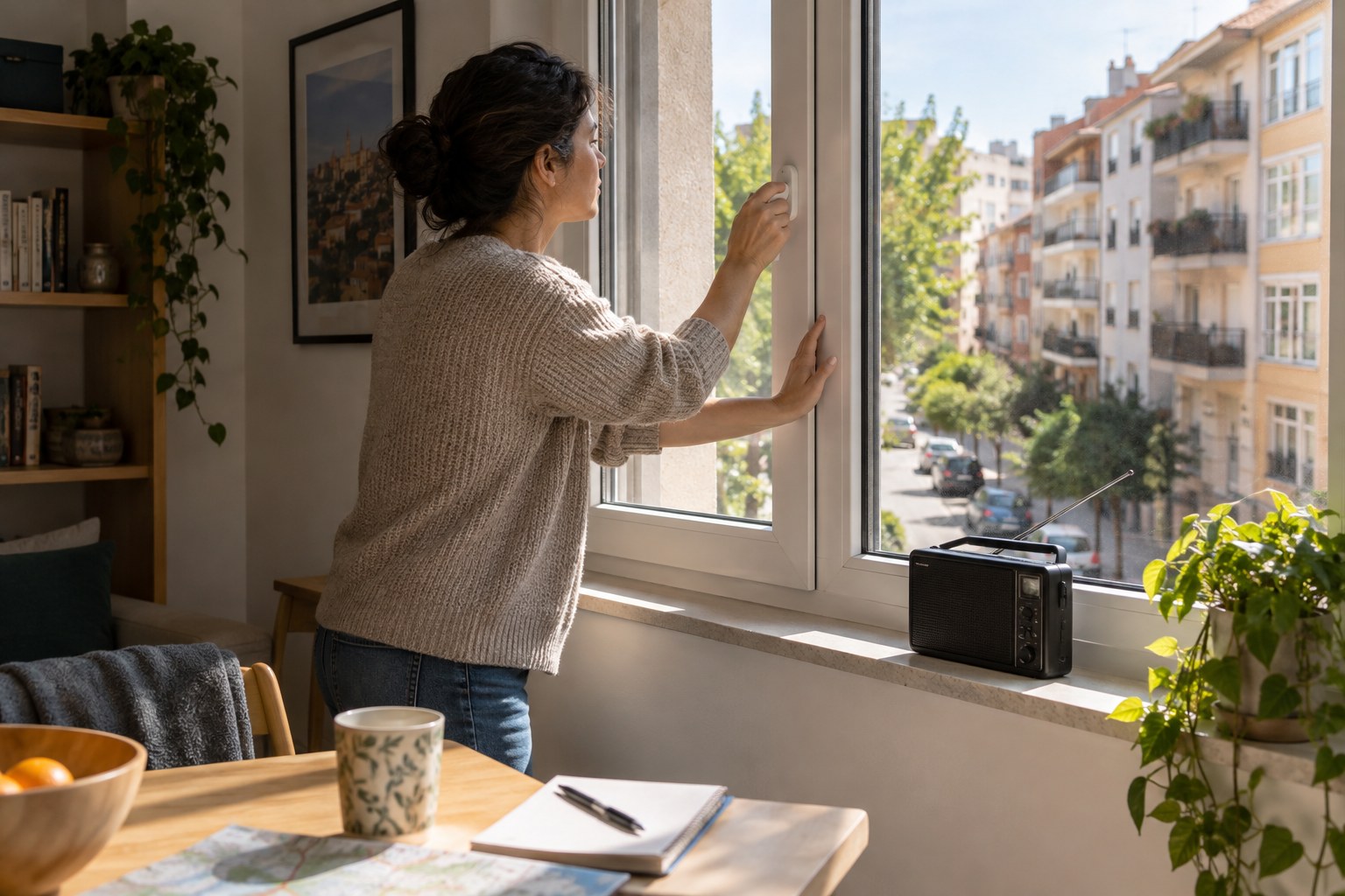 Persona cerrando una ventana con una radio disponible. Imagen ilustrativa.