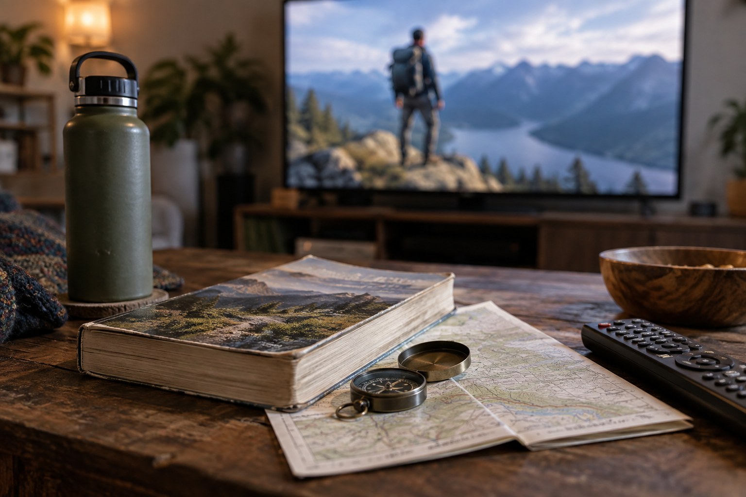 Equipo de senderismo junto a un televisor con una aventura de ficción. Imagen ilustrativa.