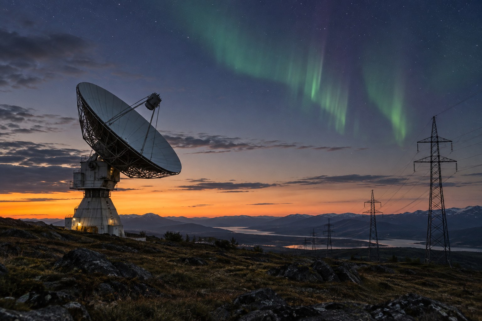 Antena y tendido eléctrico bajo una aurora tenue. Imagen ilustrativa.