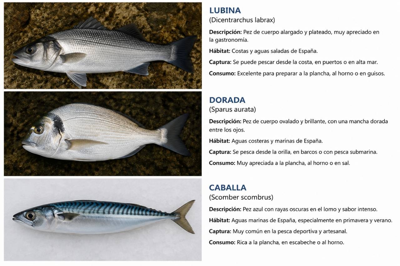 Lámina de peces de la app con lubina, dorada y caballa.