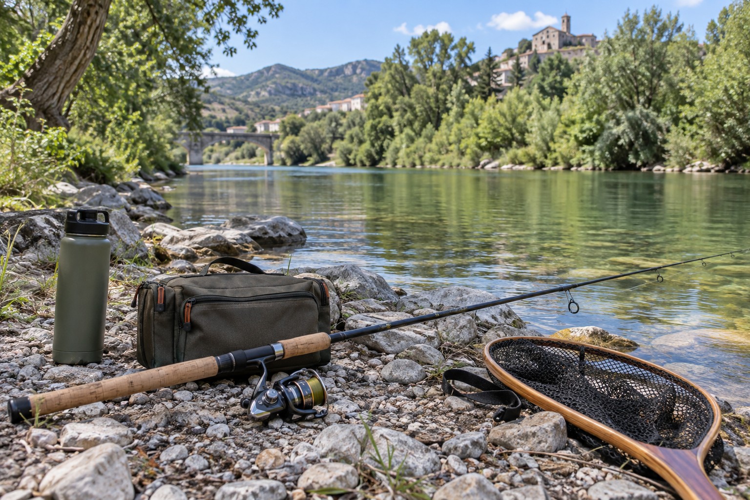 Equipo de pesca preparado en una ribera. Portada generada con IA.