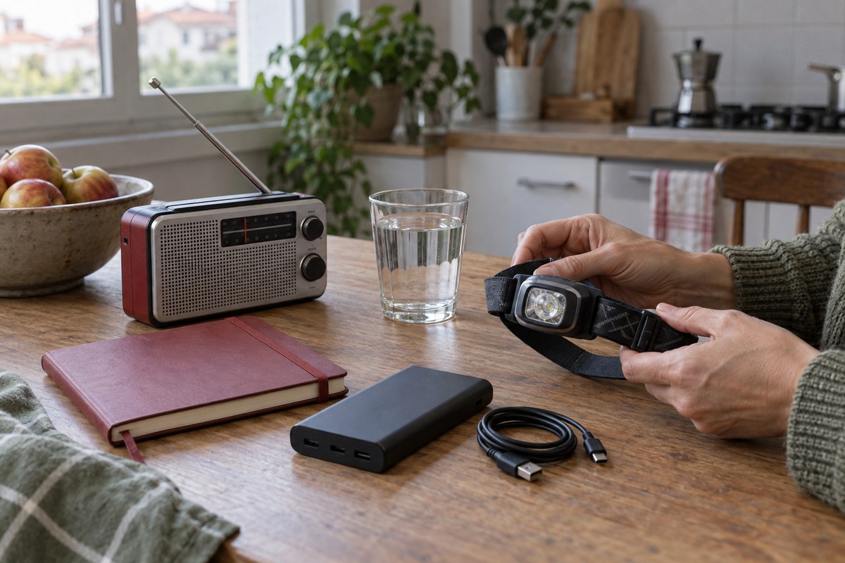 Comprobación de una linterna frontal junto a una radio y batería externa en casa. Ilustración fotográfica generada con IA.