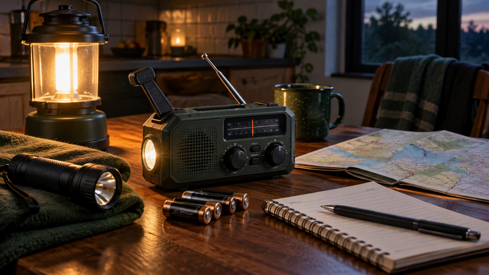 Radio portátil y accesorios de alimentación. Imagen ilustrativa.
