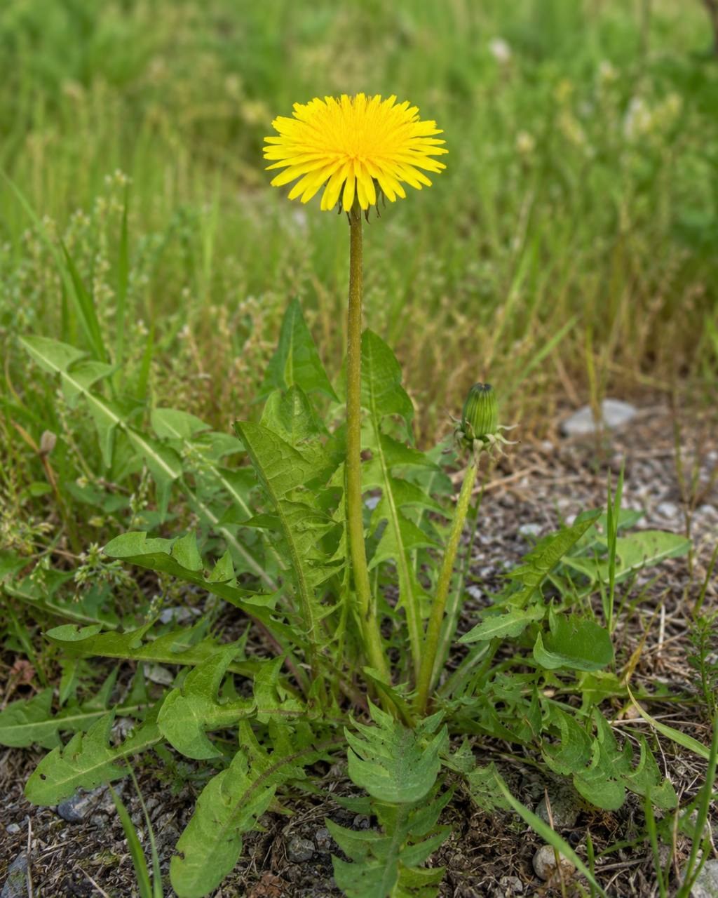Imagen de diente de león de la aplicación, con capítulo amarillo y hojas basales.