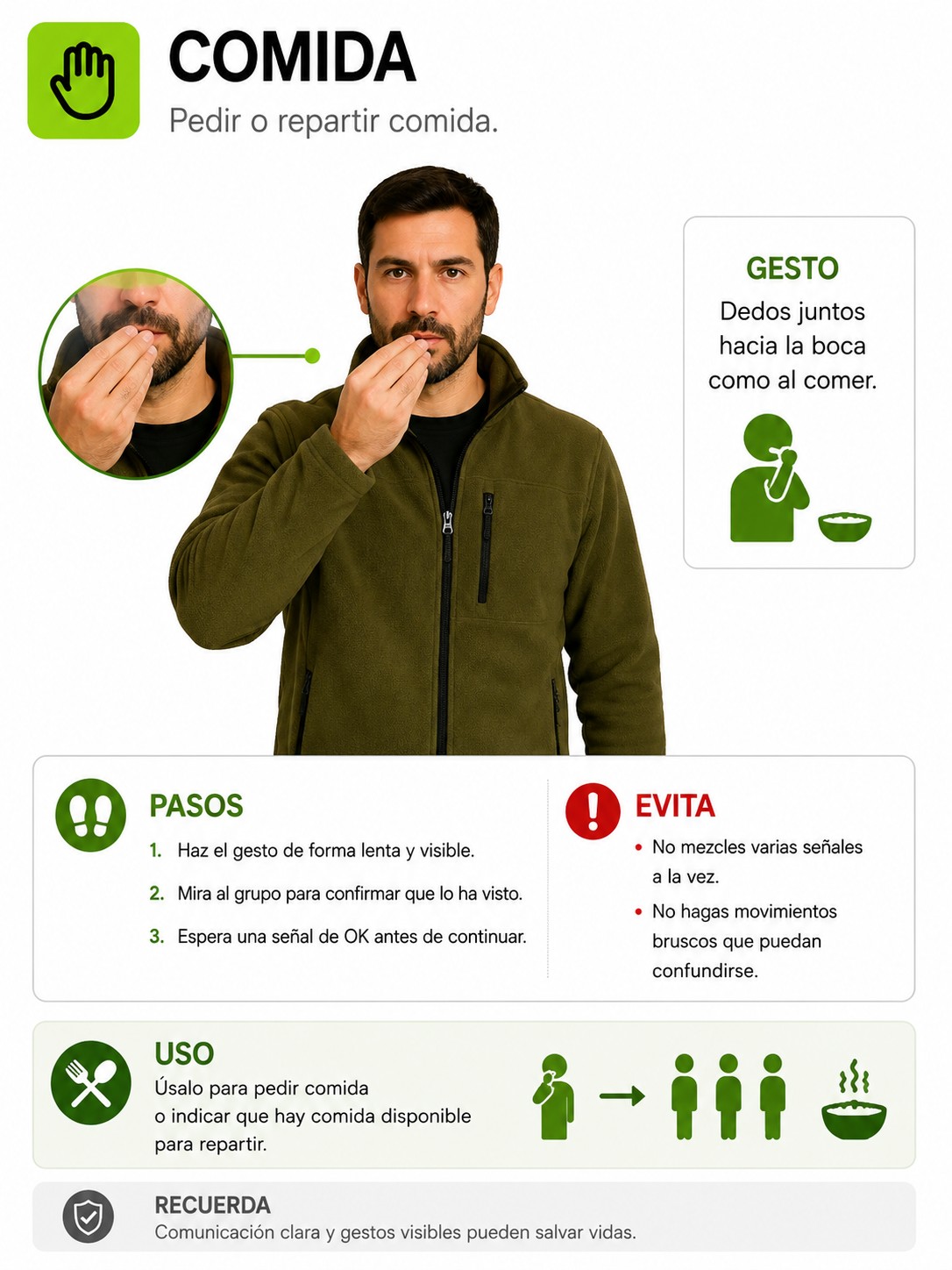 Lámina de la app: Comida. Acercar los dedos juntos a la boca.