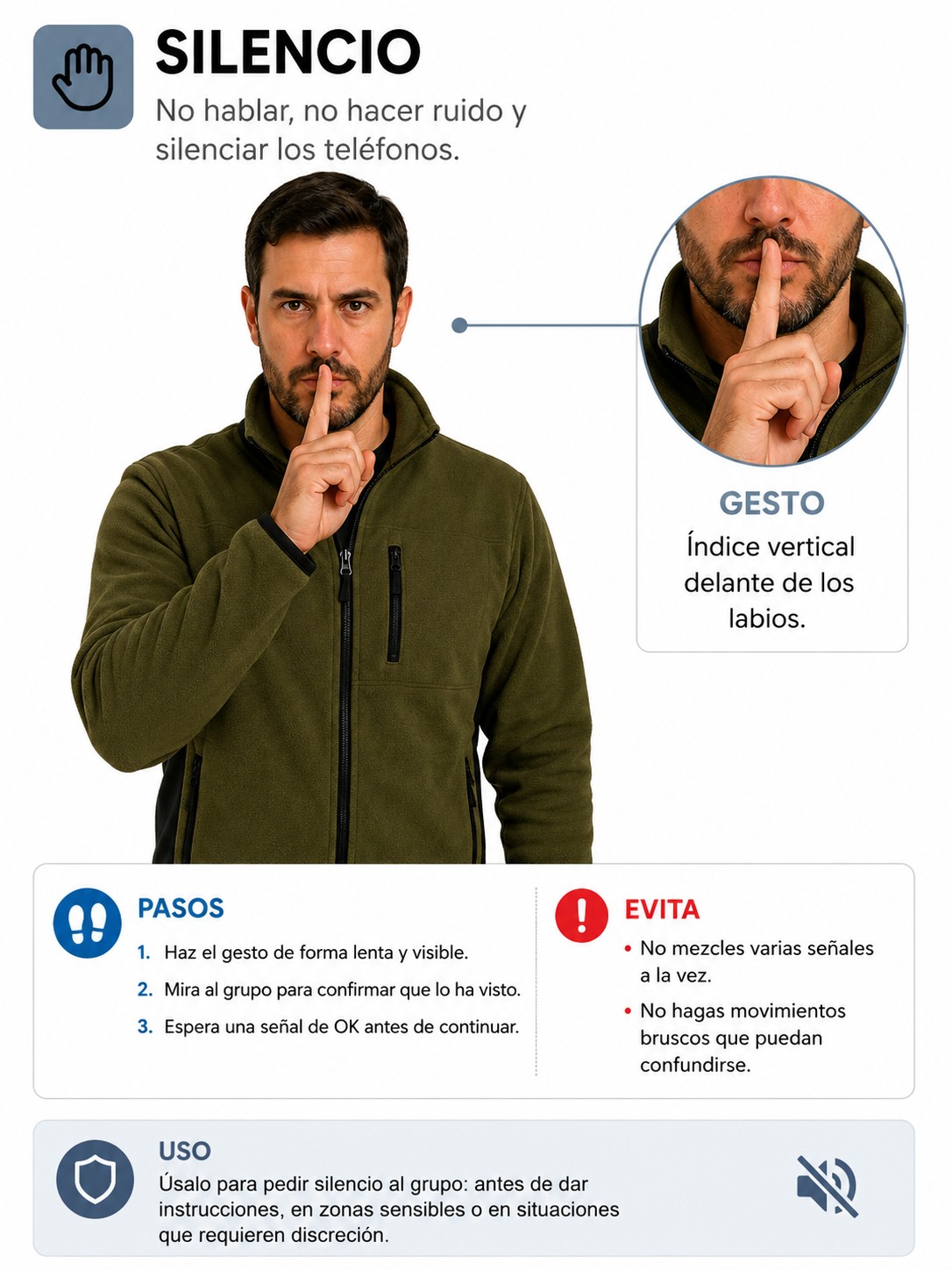 Lámina de la app: Silencio. Colocar el índice vertical delante de los labios.