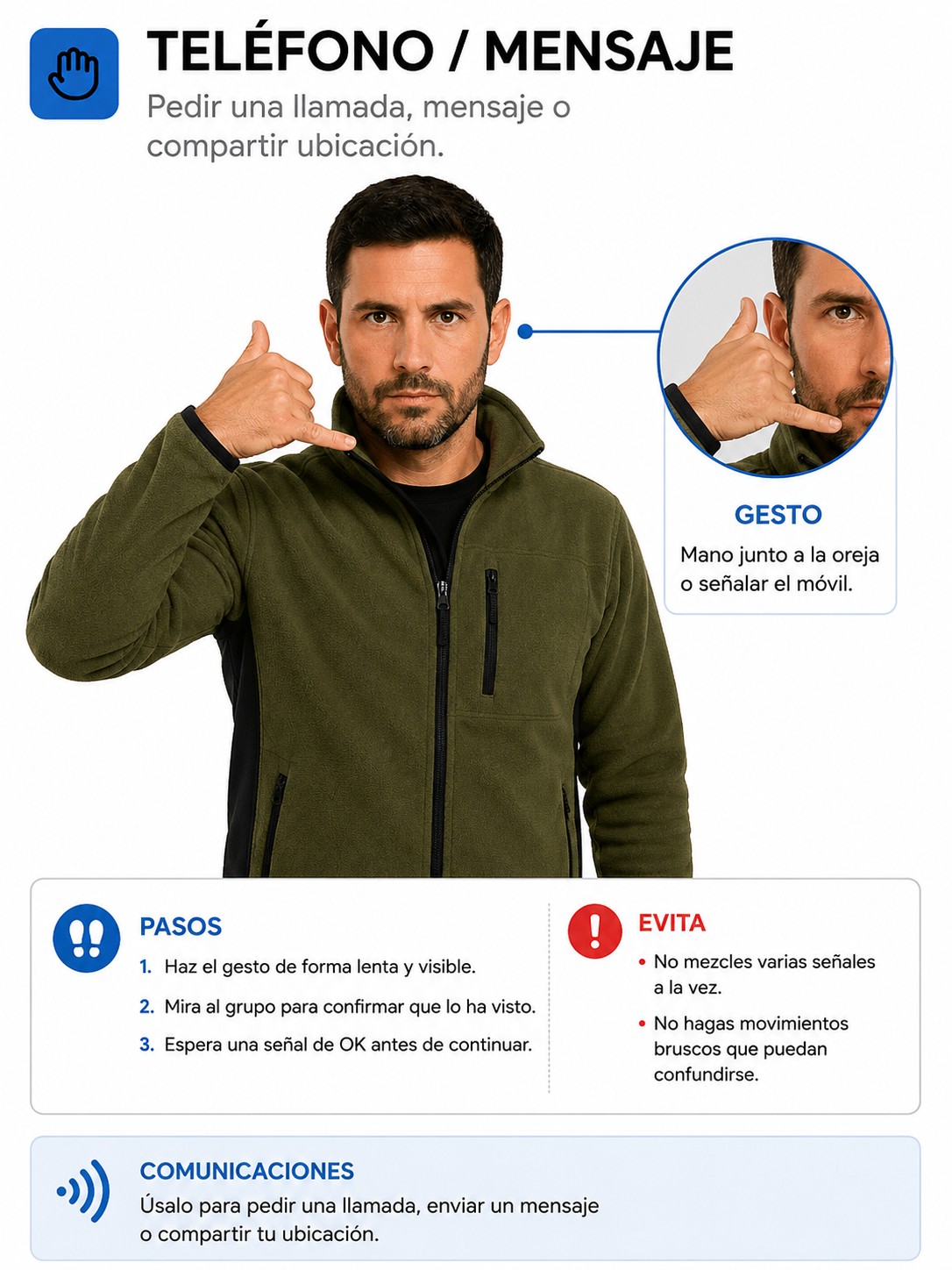 Lámina de la app: Teléfono / mensaje. Señalar el teléfono o llevar una mano a la oreja.