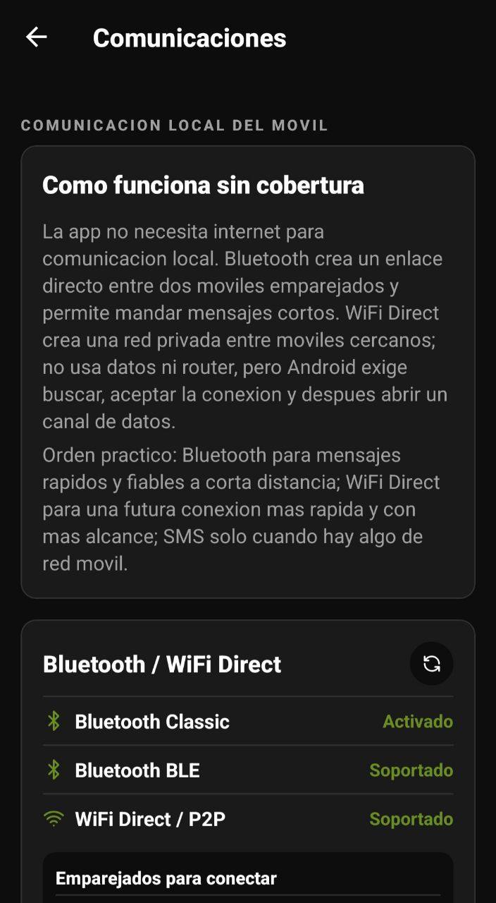 Pantalla de Comunicaciones con explicación de comunicación local, Bluetooth Classic, BLE y Wi-Fi Direct