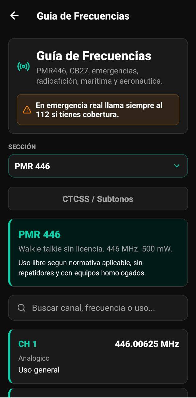 Pantalla de Guía de Frecuencias con PMR 446, CTCSS, canales y aviso de llamar al 112 en emergencia real