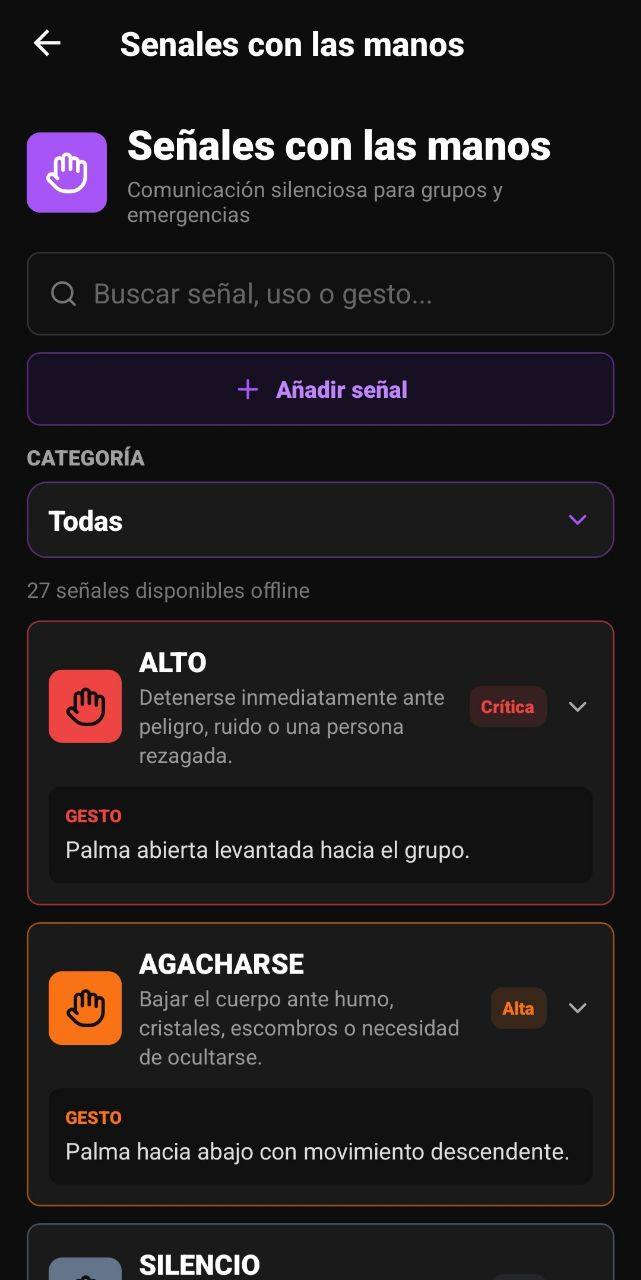 Pantalla de Señales con las manos con buscador, categorías y señales ALTO, AGACHARSE y SILENCIO