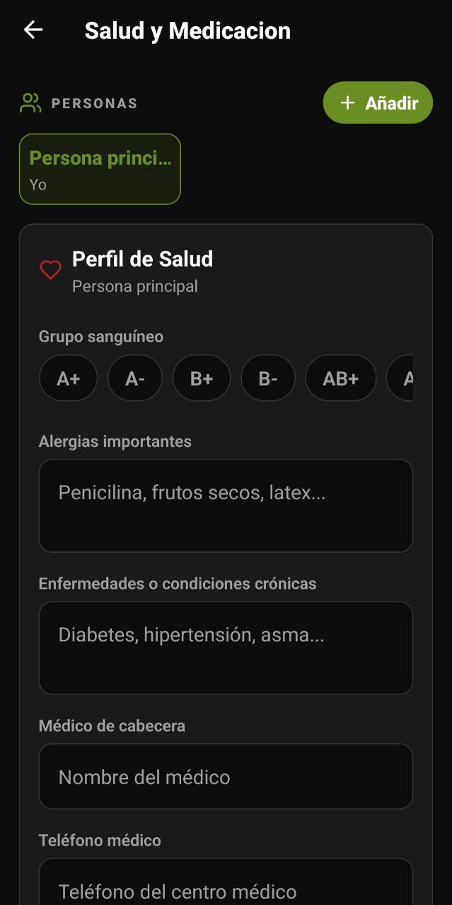 Pantalla de Salud y Medicación con perfil de salud, grupo sanguíneo, alergias, enfermedades y médico de cabecera