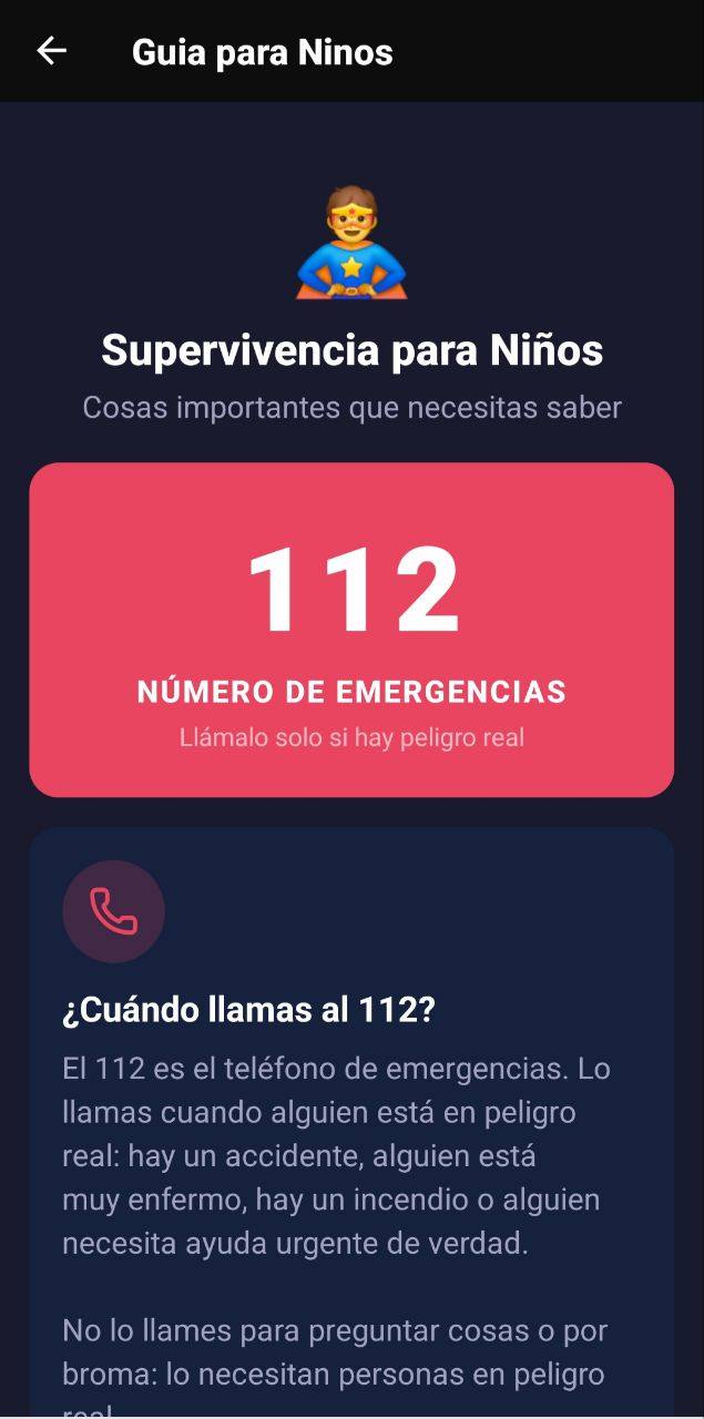 Pantalla de Guía para Niños con supervivencia para niños, número 112 y explicación de cuándo llamar