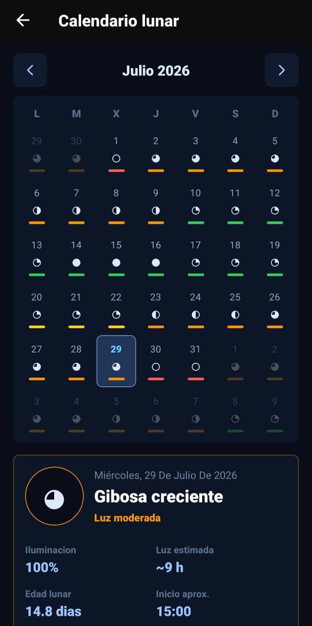 Pantalla de Calendario lunar con julio de 2026, fase gibosa creciente, iluminación, edad lunar y luz estimada