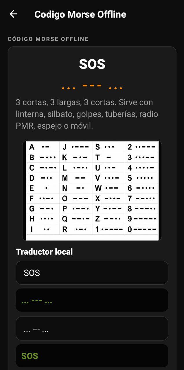 Pantalla de Código Morse Offline con SOS, tabla alfabética y traductor local