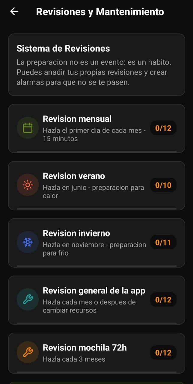 Pantalla de Revisiones y Mantenimiento con revisión mensual, verano, invierno, app y mochila 72 horas