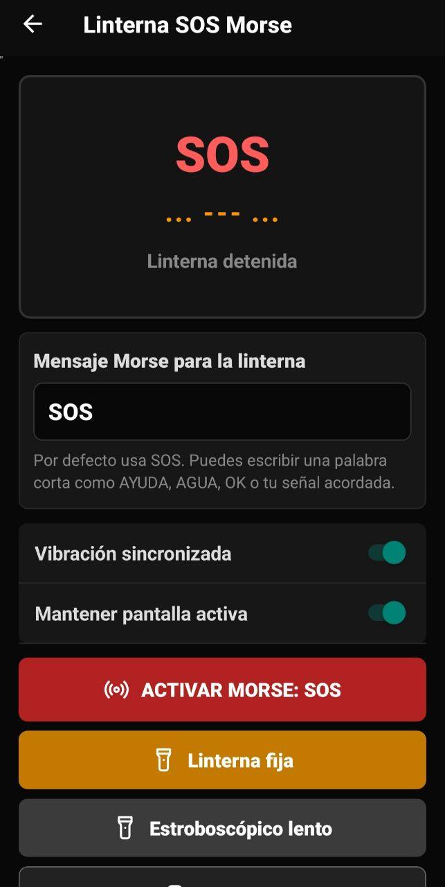 Pantalla de Linterna SOS Morse con mensaje SOS, vibración sincronizada, pantalla activa, linterna fija y estroboscópico lento
