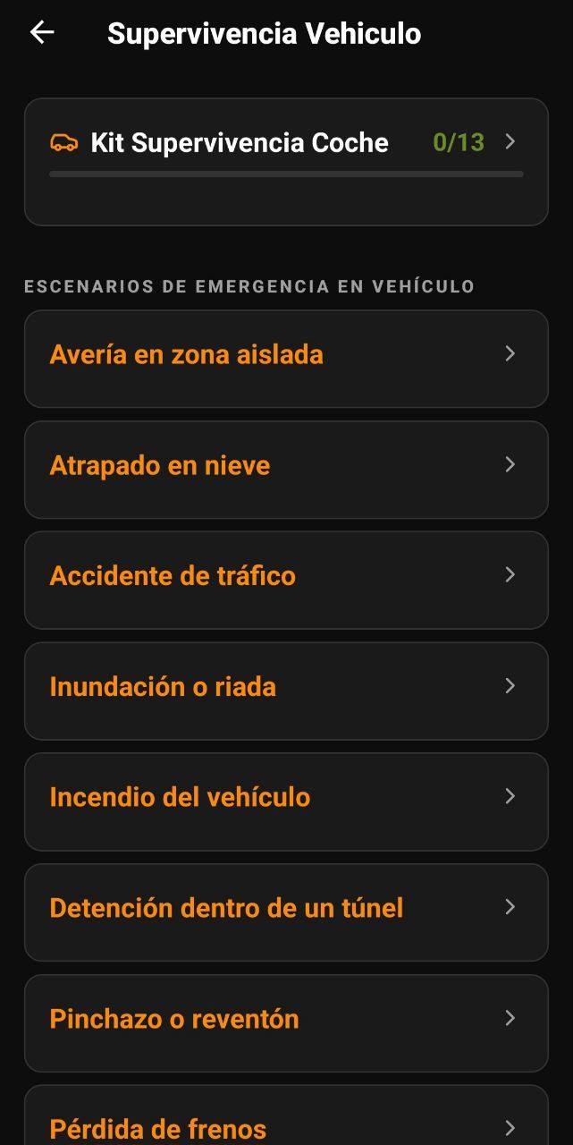 Pantalla de Supervivencia Vehículo con kit de coche y escenarios como avería, nieve, accidente, riada, incendio y túnel