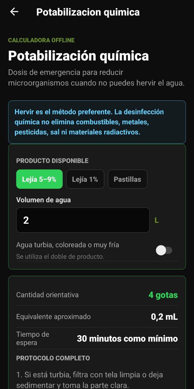 Pantalla de Potabilización química con producto disponible, volumen de agua, dosis orientativa y protocolo