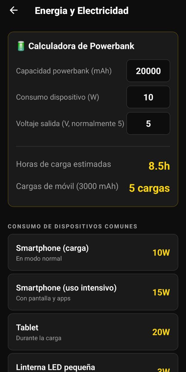 Pantalla de Energía y Electricidad con calculadora de powerbank y consumos de dispositivos