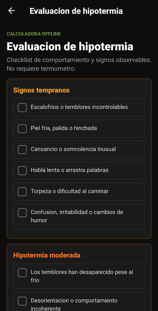 Pantalla de Evaluación de hipotermia con signos tempranos y signos de hipotermia moderada