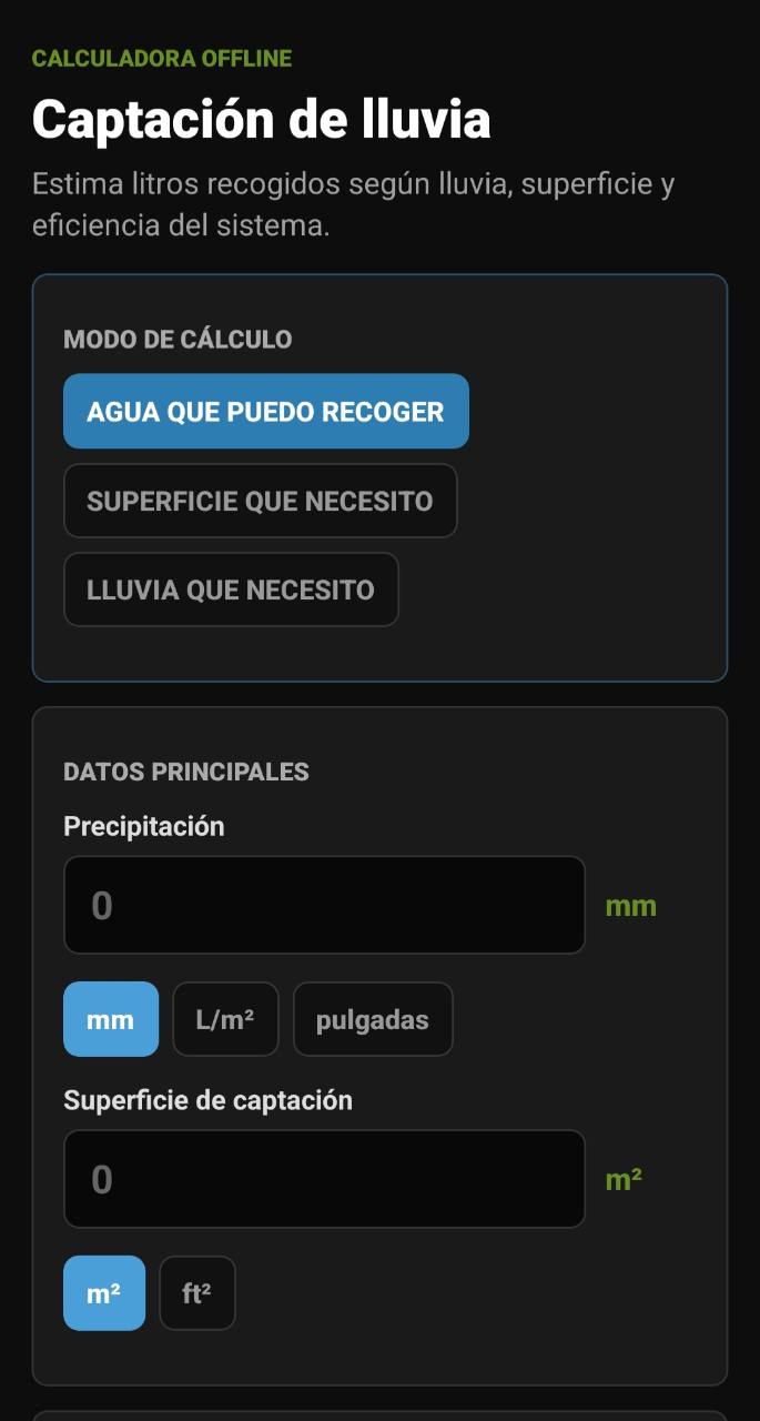 Pantalla de Captación de lluvia con modo de cálculo, precipitación y superficie de captación