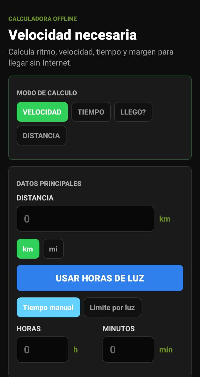 Pantalla de Velocidad necesaria con distancia, tiempo manual y uso de horas de luz
