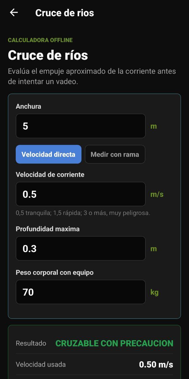 Pantalla de Cruce de ríos con anchura, velocidad, profundidad, peso con equipo y resultado de riesgo