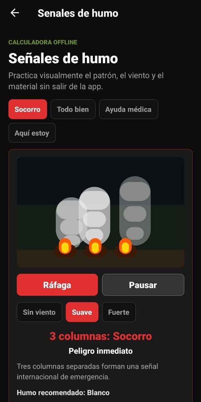 Pantalla de Señales de humo con simulación visual de columnas, viento y significado de socorro