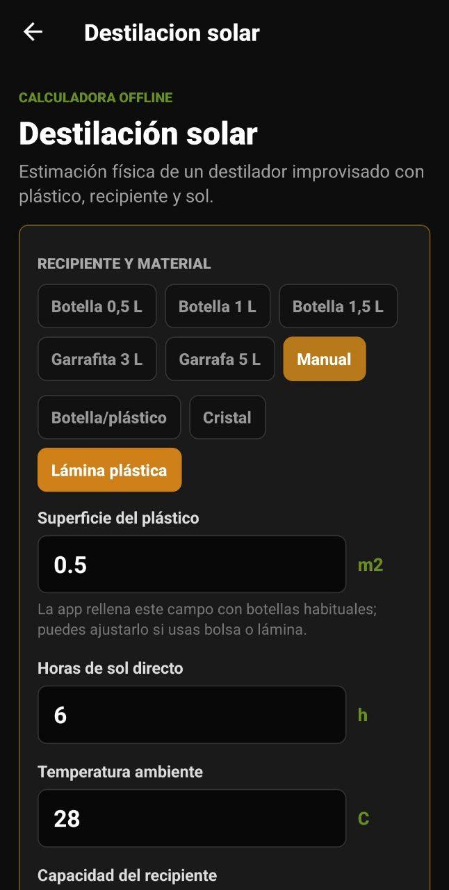 Pantalla de Destilación solar con selección de recipiente, material, superficie, horas de sol y temperatura