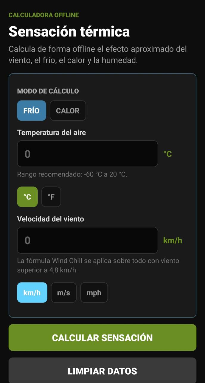 Pantalla de Sensación térmica con modo frío, temperatura del aire y velocidad del viento
