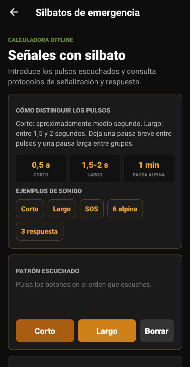 Pantalla de Silbatos de emergencia con señales, ejemplos de sonido y patrón escuchado