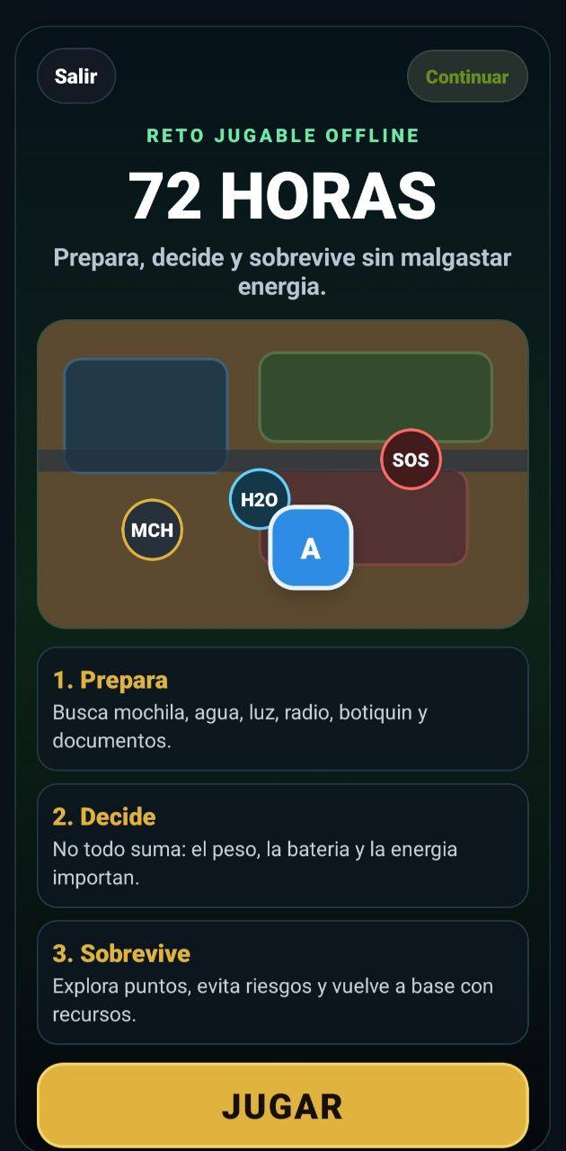 Pantalla del mini juego 72 horas con reto jugable offline, preparación, decisiones y botón Jugar