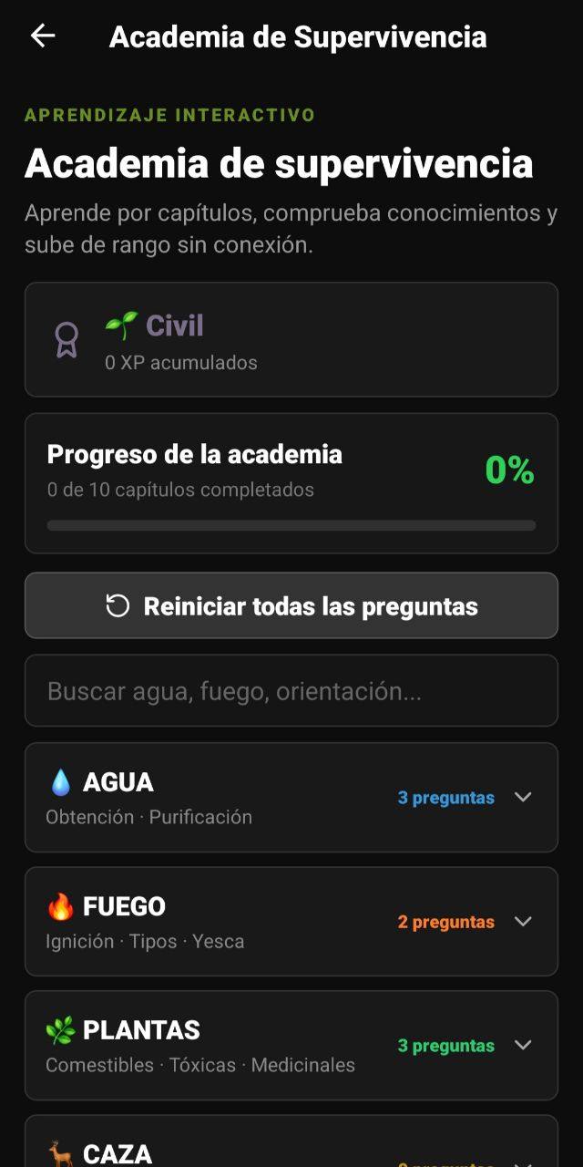 Pantalla de Academia de supervivencia con rango, progreso, capítulos y preguntas offline