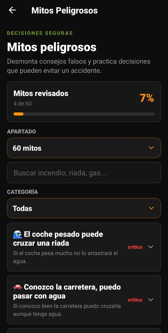 Pantalla de Mitos peligrosos con progreso, buscador, categorías y mitos revisados