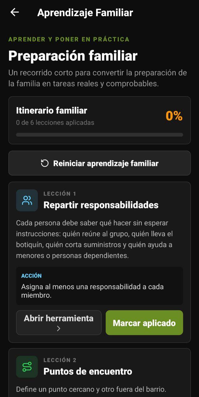 Pantalla de Aprendizaje Familiar con itinerario, lecciones aplicadas y preparación familiar