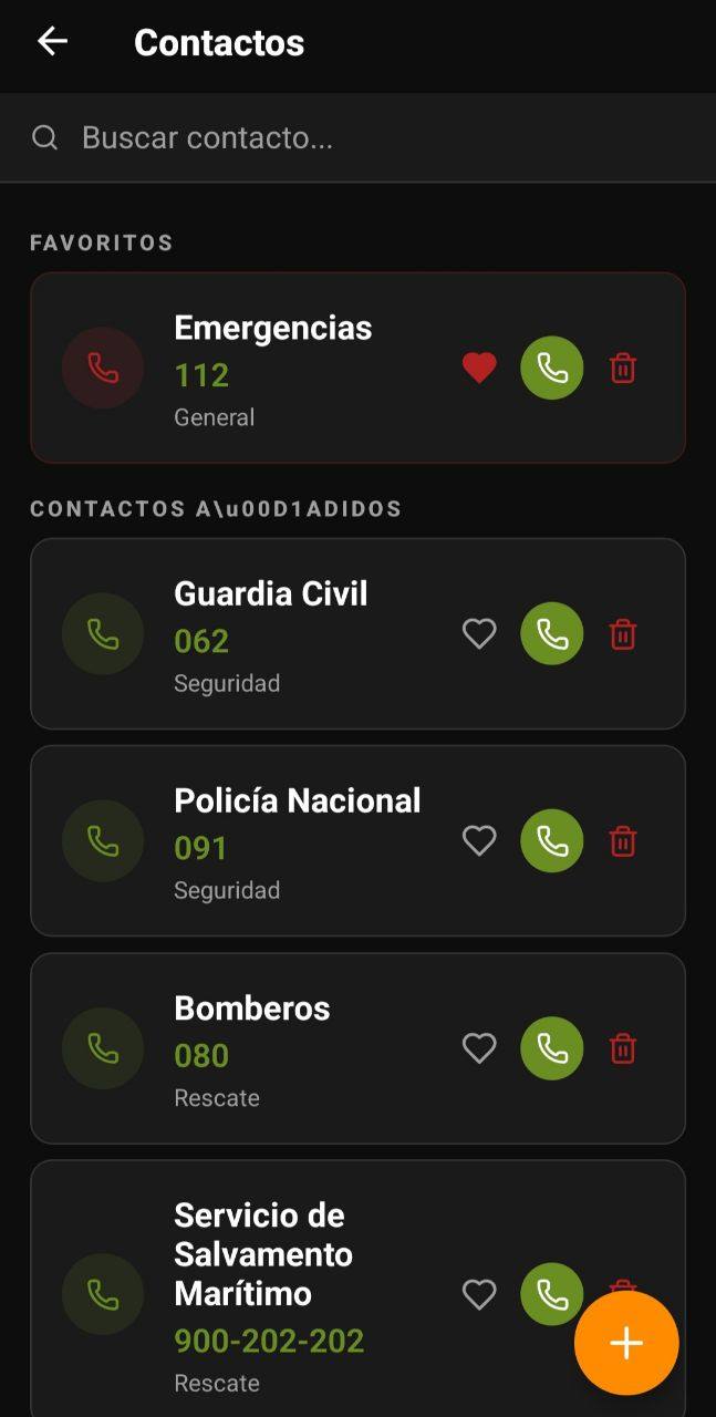 Pantalla de Contactos con emergencias, Guardia Civil, Policía Nacional, Bomberos y Salvamento Marítimo
