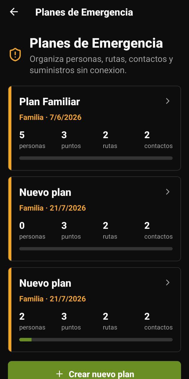 Pantalla de Planes de Emergencia con planes familiares, rutas, contactos y suministros