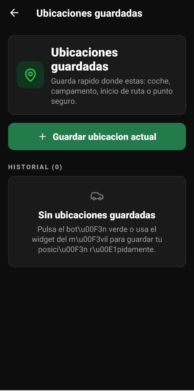 Pantalla de Ubicaciones guardadas para guardar coche, campamento, inicio de ruta o punto seguro